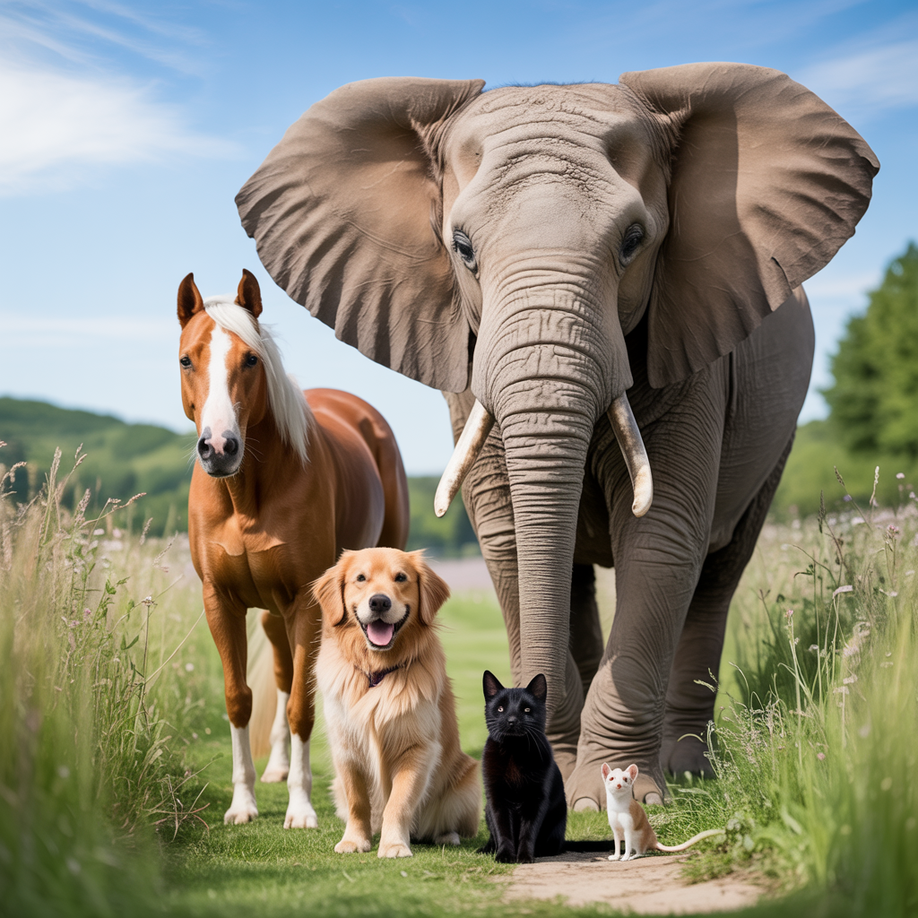 A group photo of an elephant, a horse, a dog, a cat, and a m