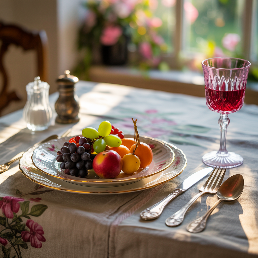 A dinner table scene with a plate, fork, knife, wine glass, 