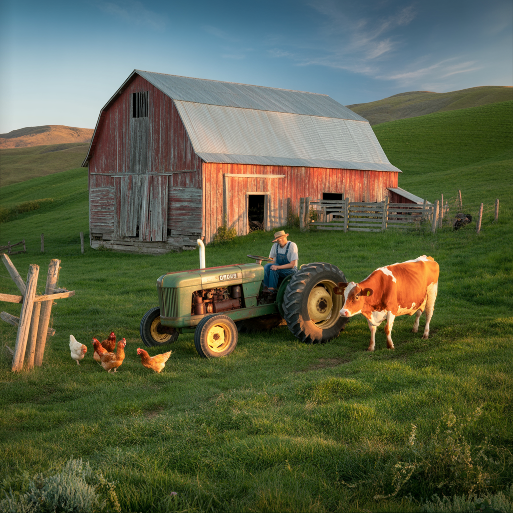 A farm scene with a barn, tractor, farmer, cow, chicken, and