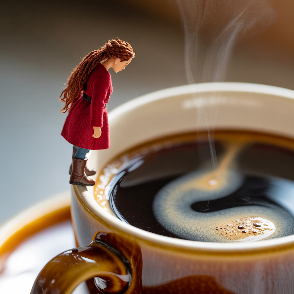 A tiny person standing on the rim of a coffee cup, looking d