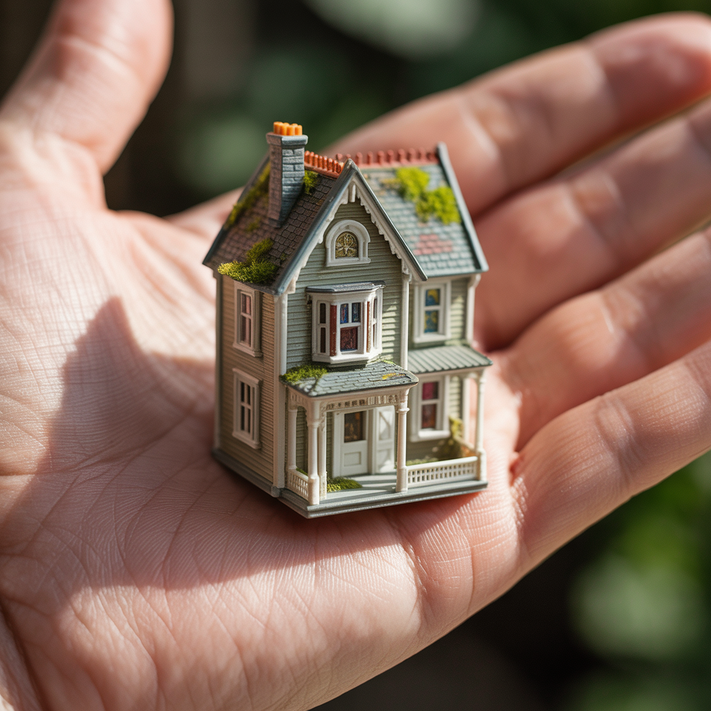 A miniature house sitting on the palm of someone's hand