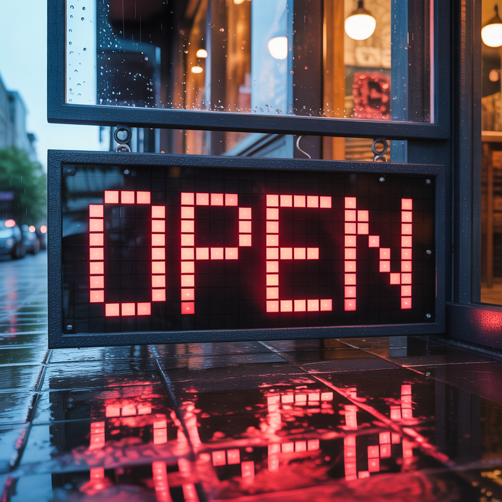 The word 'OPEN' displayed on a red LED sign with glowing pix
