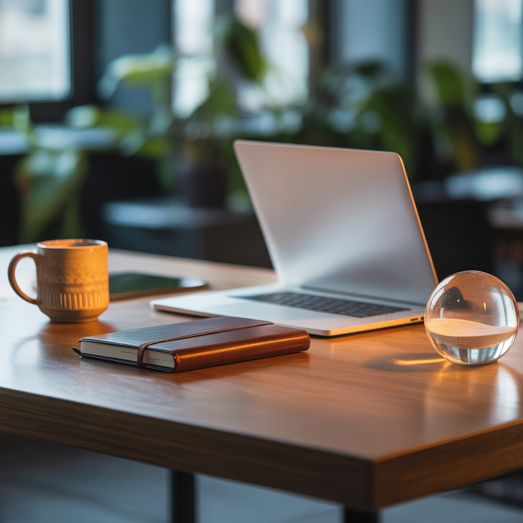 A workspace desk with a brushed aluminum laptop, a leather-b