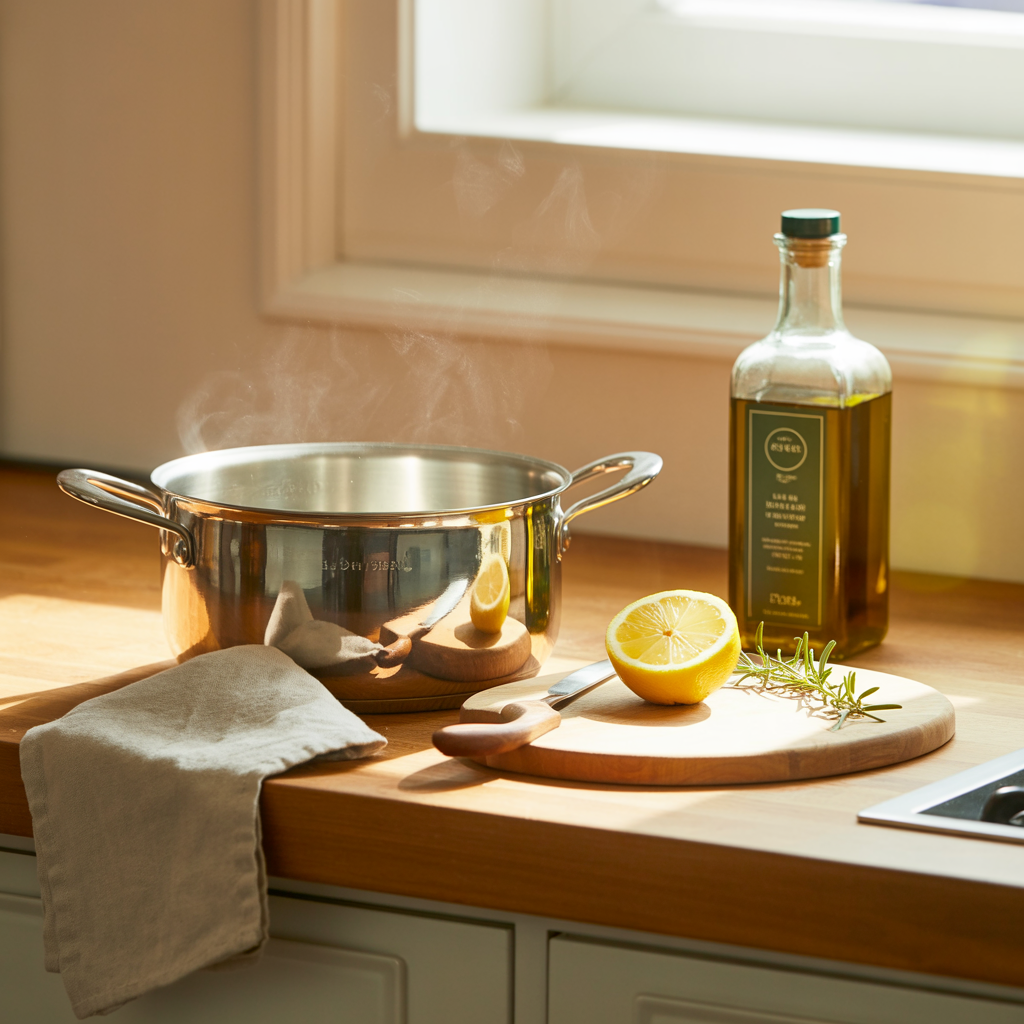 A kitchen counter with a stainless steel pot, a wooden cutti