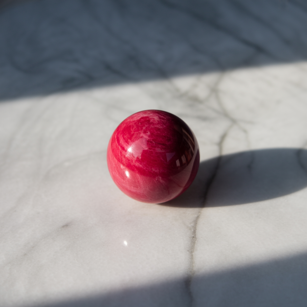 A red sphere on a white surface with a single shadow cast to