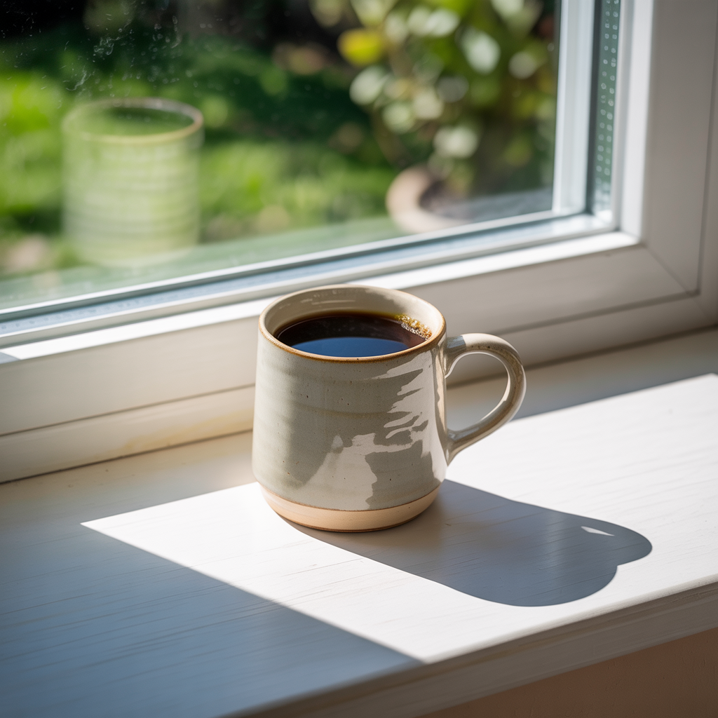 A coffee mug on a sunny windowsill casting a sharp shadow to