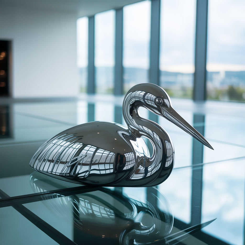 A chrome sculpture in a room with a glass floor and large wi