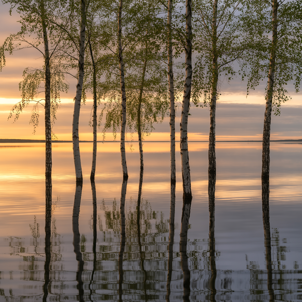 A row of trees reflected in a calm lake at sunset, with the 