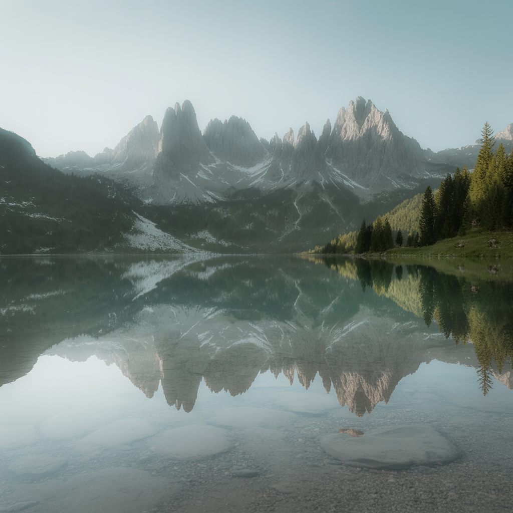 A mountain range reflected in a still alpine lake, with the 
