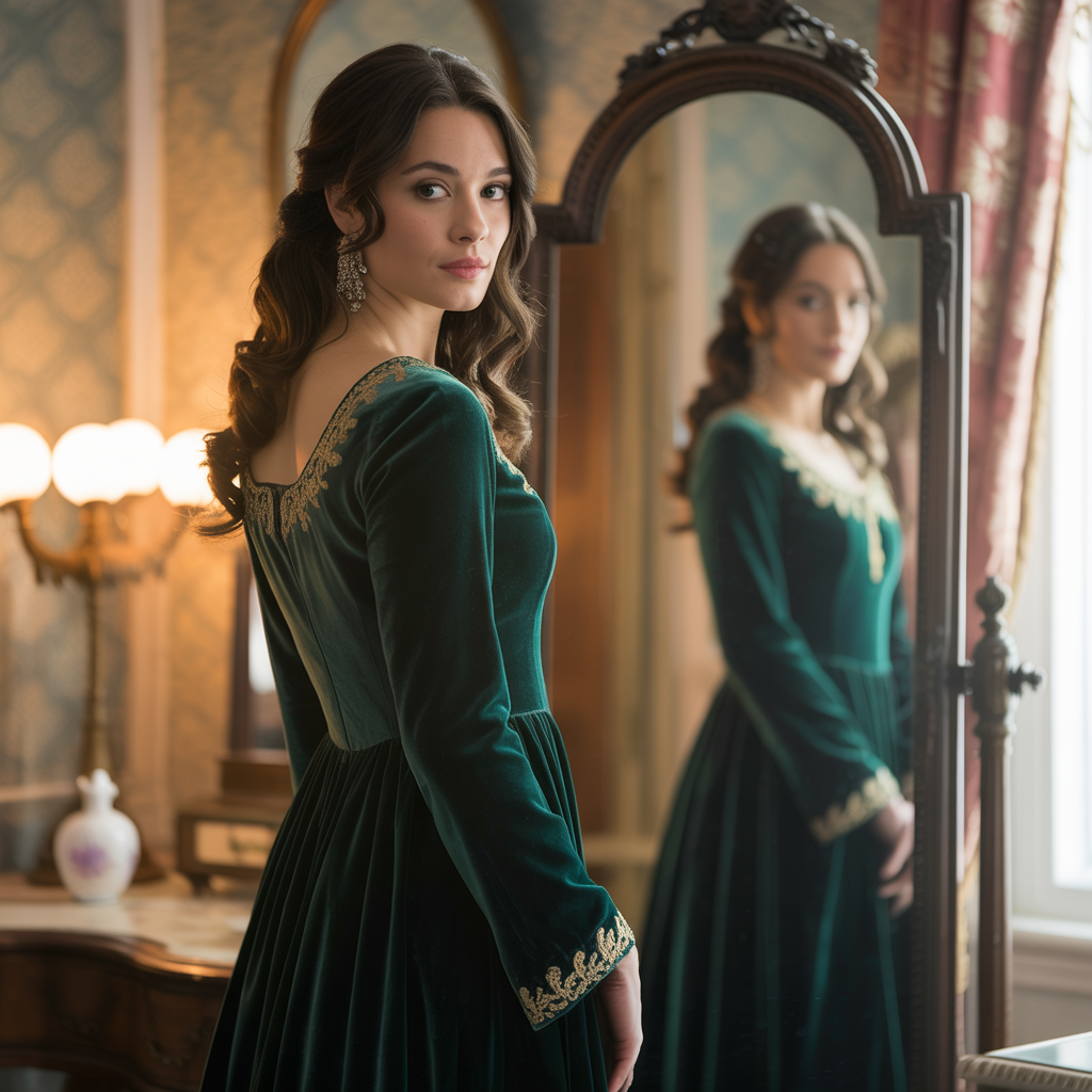 A woman standing in front of a full-length mirror, her refle