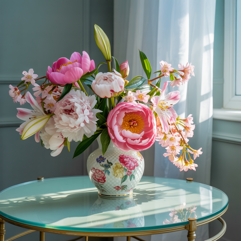 A vase of flowers on a glass table with a clear reflection v