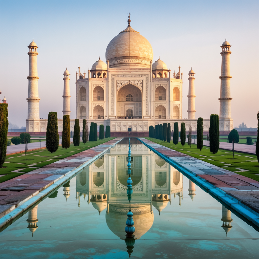 The Taj Mahal in Agra seen from the reflecting pool, with ac