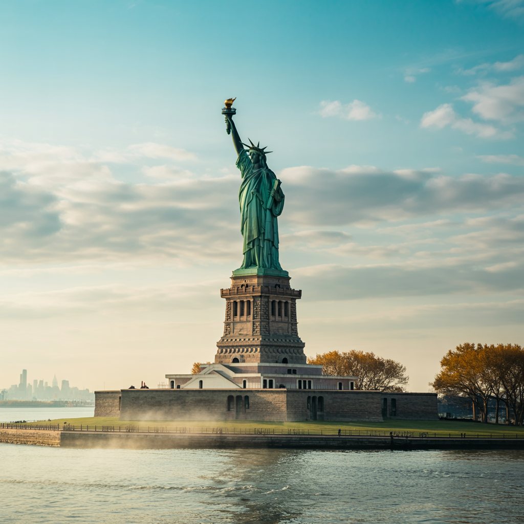 The Statue of Liberty on her island pedestal, with correct t