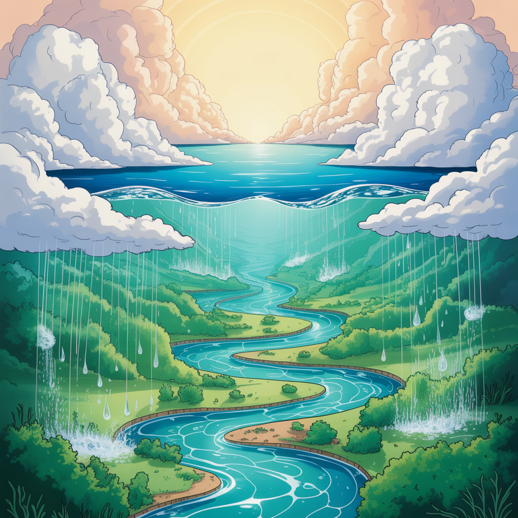 A detailed diagram of the water cycle showing evaporation fr