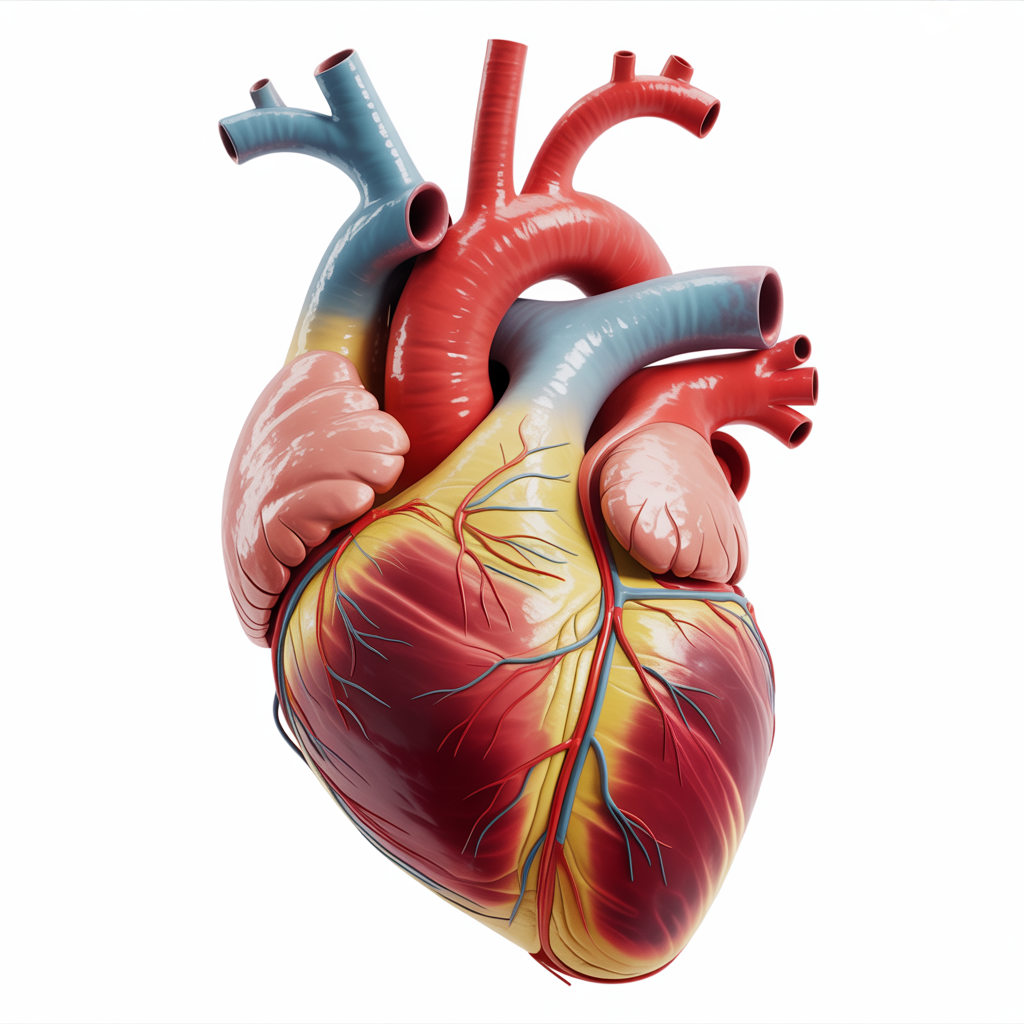 An anatomical illustration of the human heart showing four c