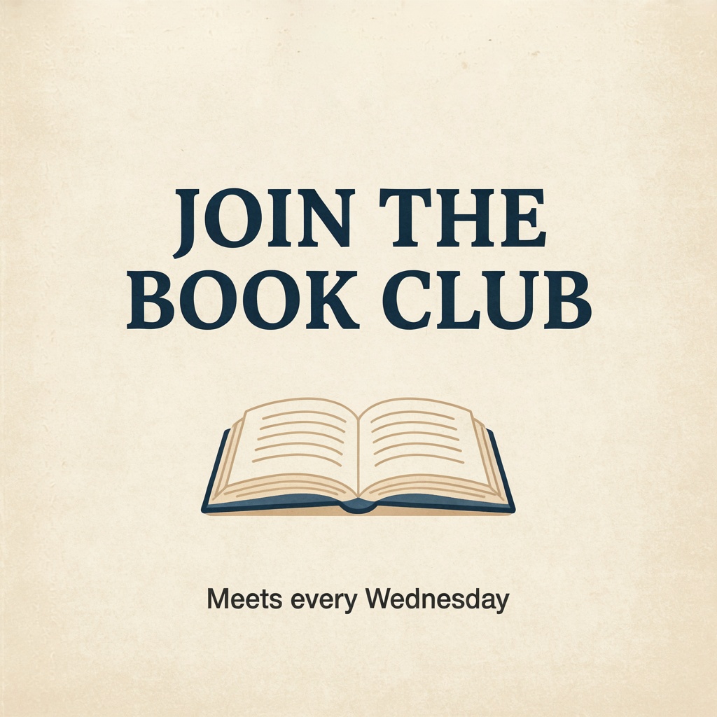 A book club poster with an open book illustration, the title
