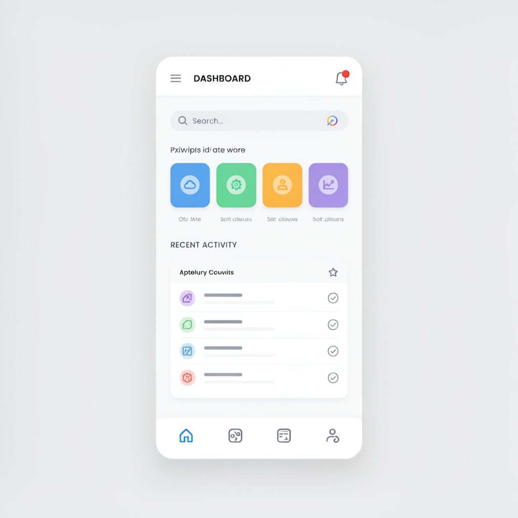 A mobile app UI mockup showing a dashboard with a top naviga