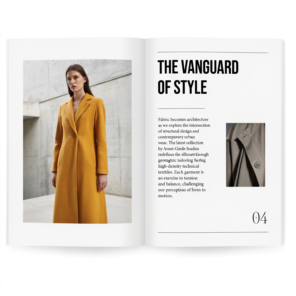A fashion magazine spread with a full-bleed left-page photo,
