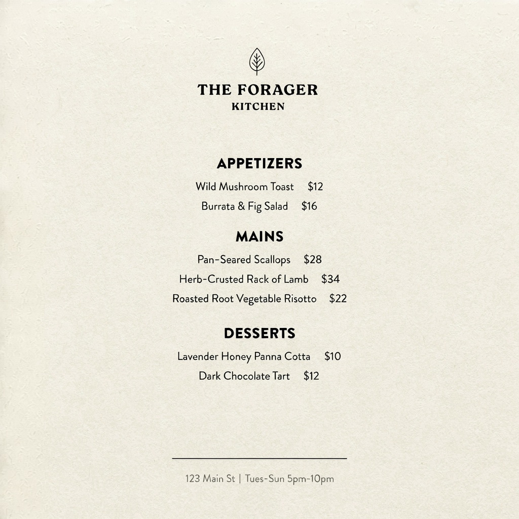 A restaurant menu layout with a logo header, three category 