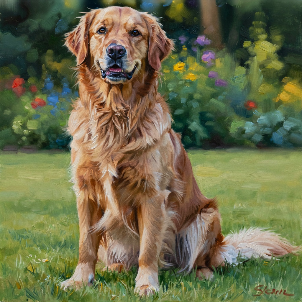 A golden retriever sitting in a garden, painted in the style