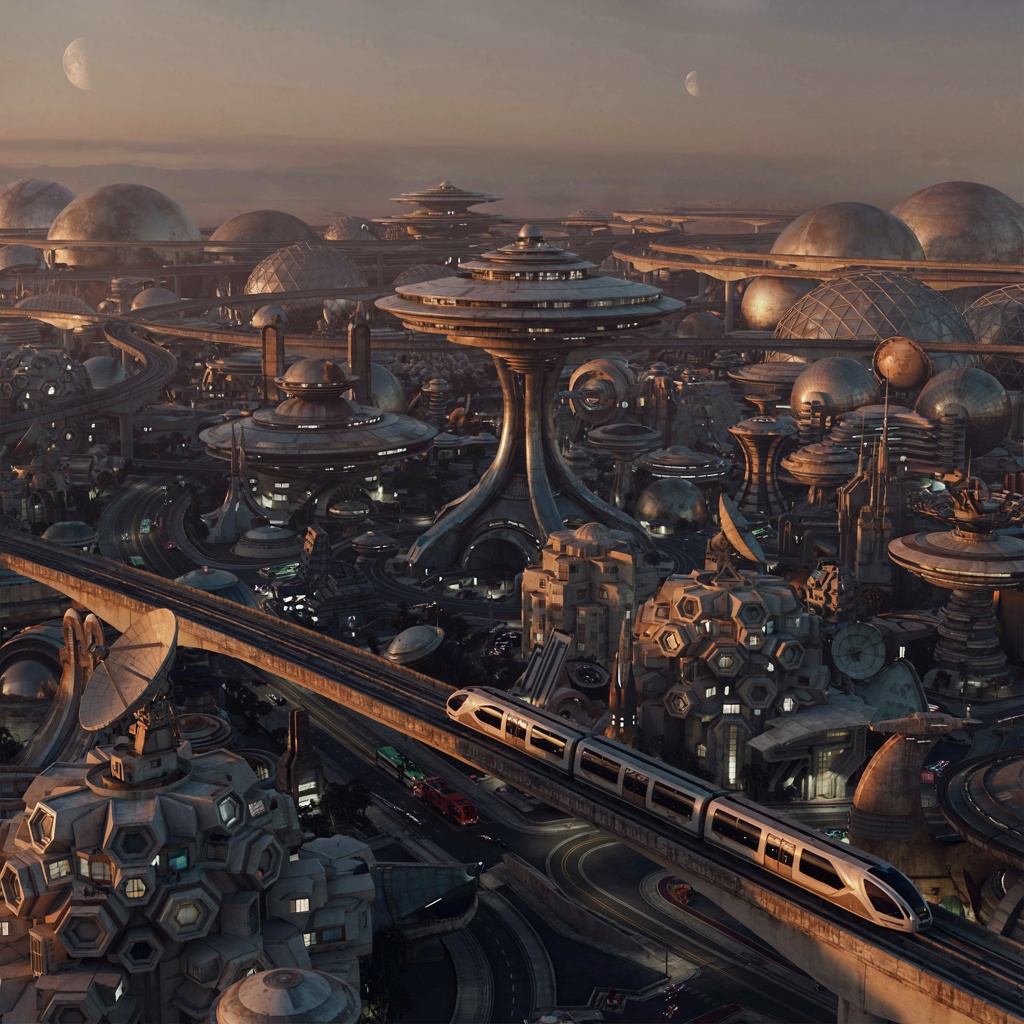 A cityscape rendered in nostalgic futurism — retro-futuristi