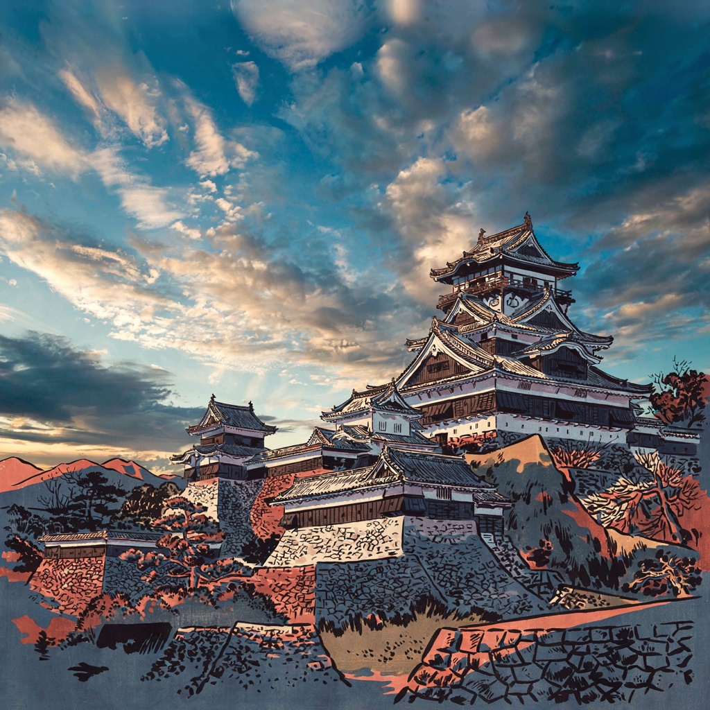 A medieval castle depicted in Japanese ukiyo-e woodblock pri