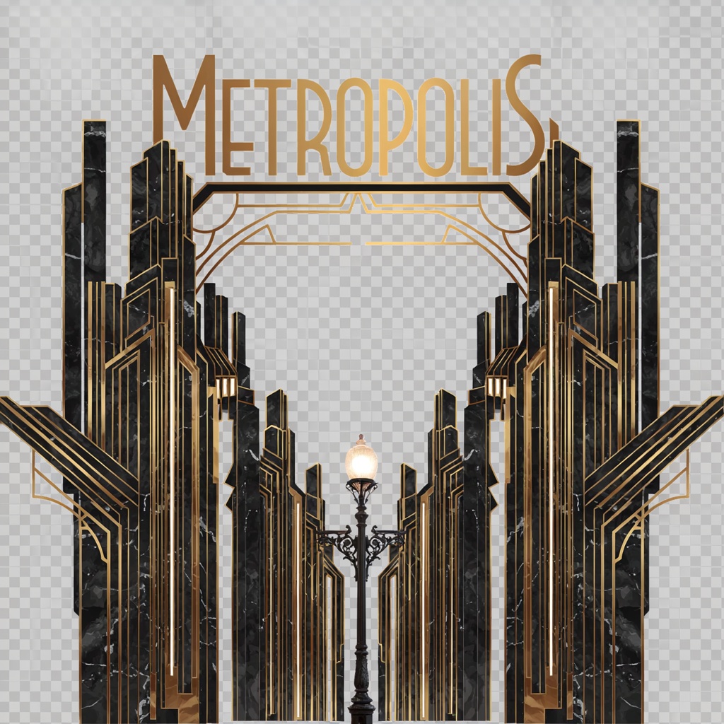 A city street scene in the style of Art Deco — geometric sha