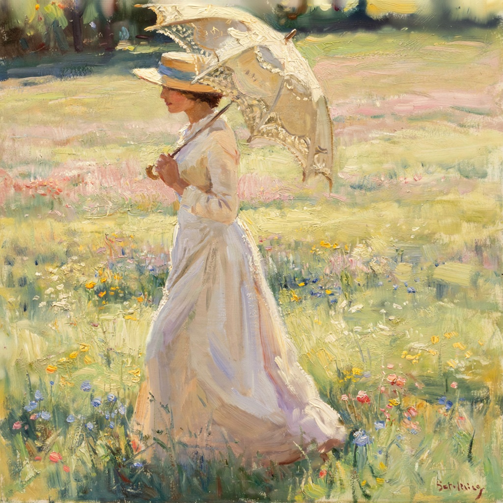 A woman with a parasol in the style of Impressionism — soft 