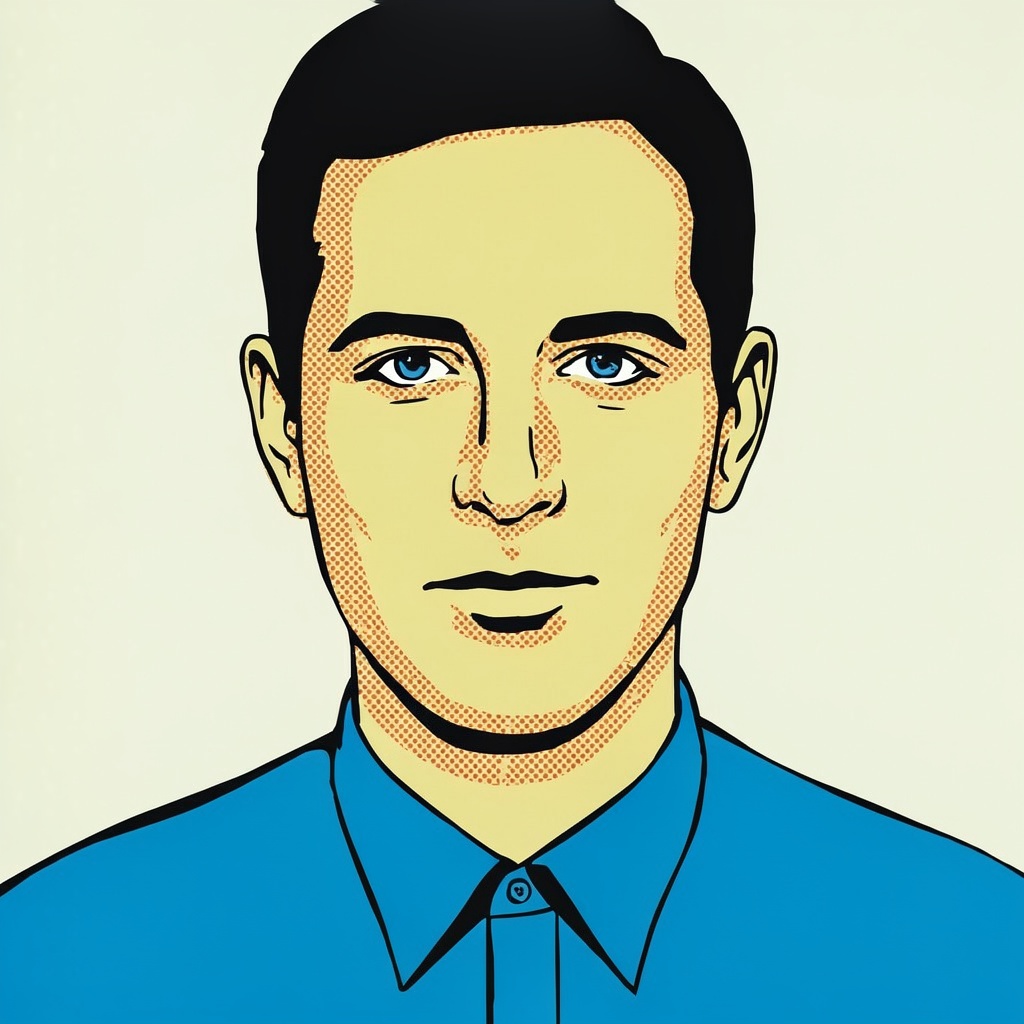 A portrait of a man in Pop Art style — bold outlines, Ben-Da