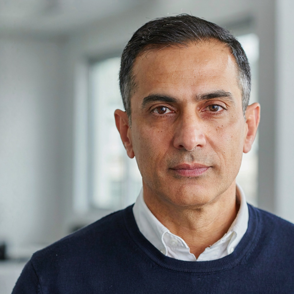 A portrait of a middle-aged man with a calm, serious express