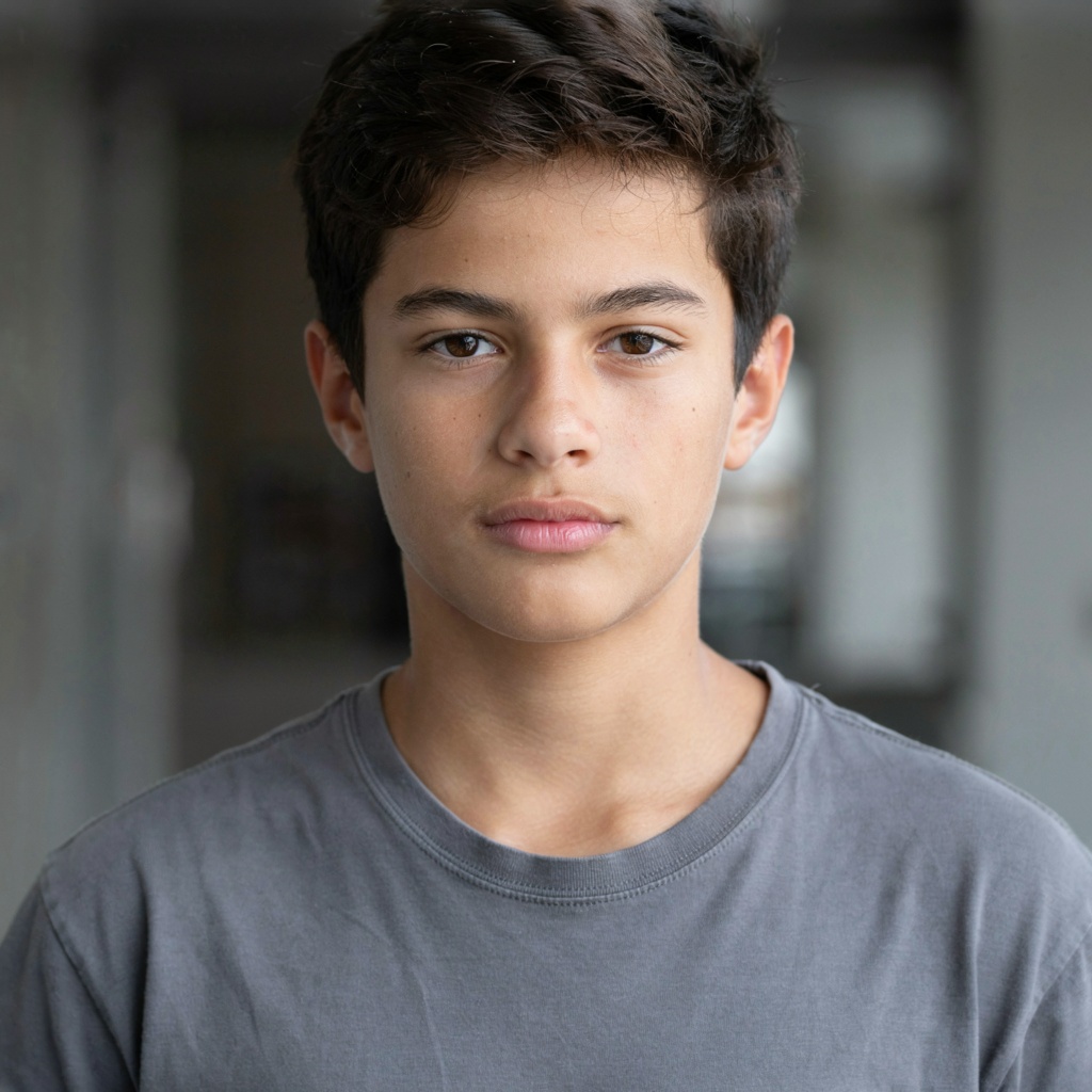 A headshot of a teenager with a relaxed, neutral face