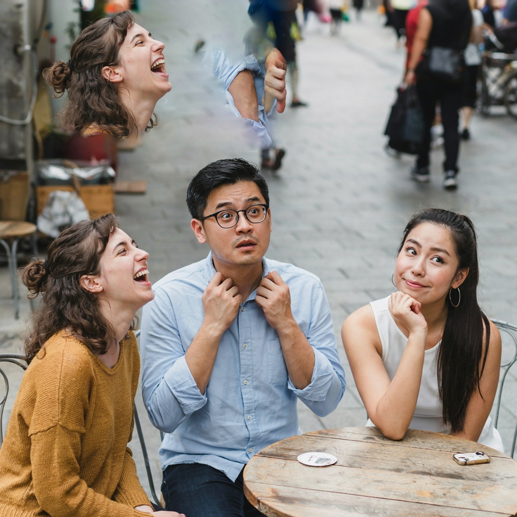 A group of three friends at a table: one laughing with head 