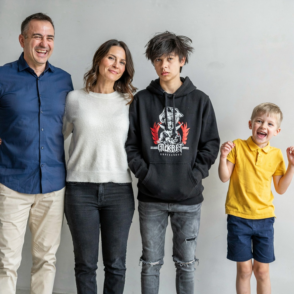 A family photo with four people: a father beaming with pride