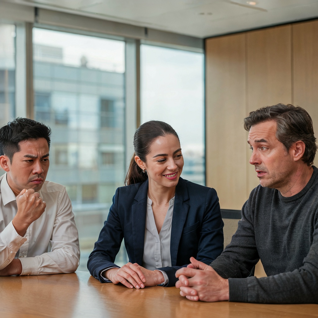 Three coworkers in a meeting: one looking frustrated with fu