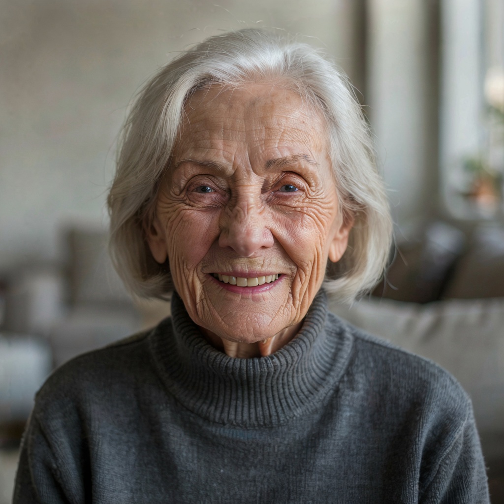 An elderly woman in her 80s with deep wrinkles and white hai