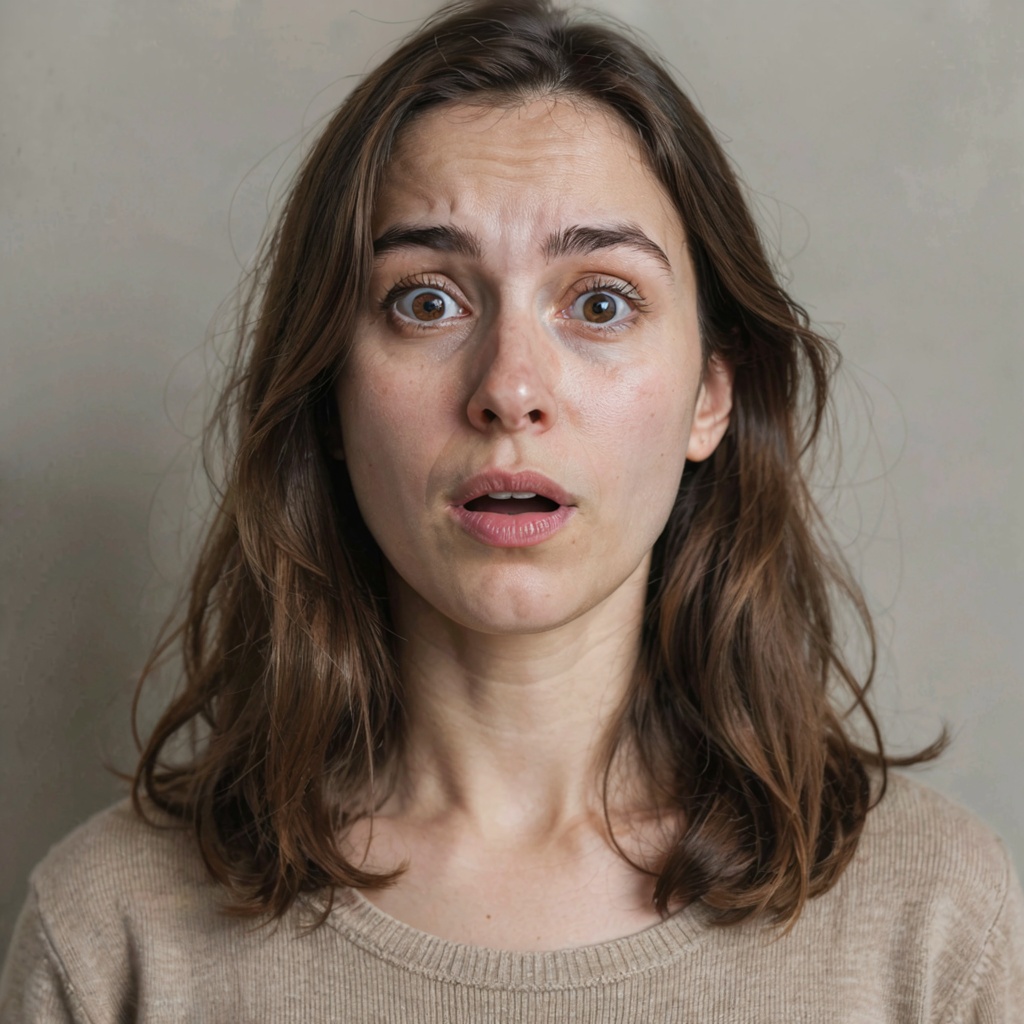 A portrait capturing genuine surprise — raised eyebrows, wid