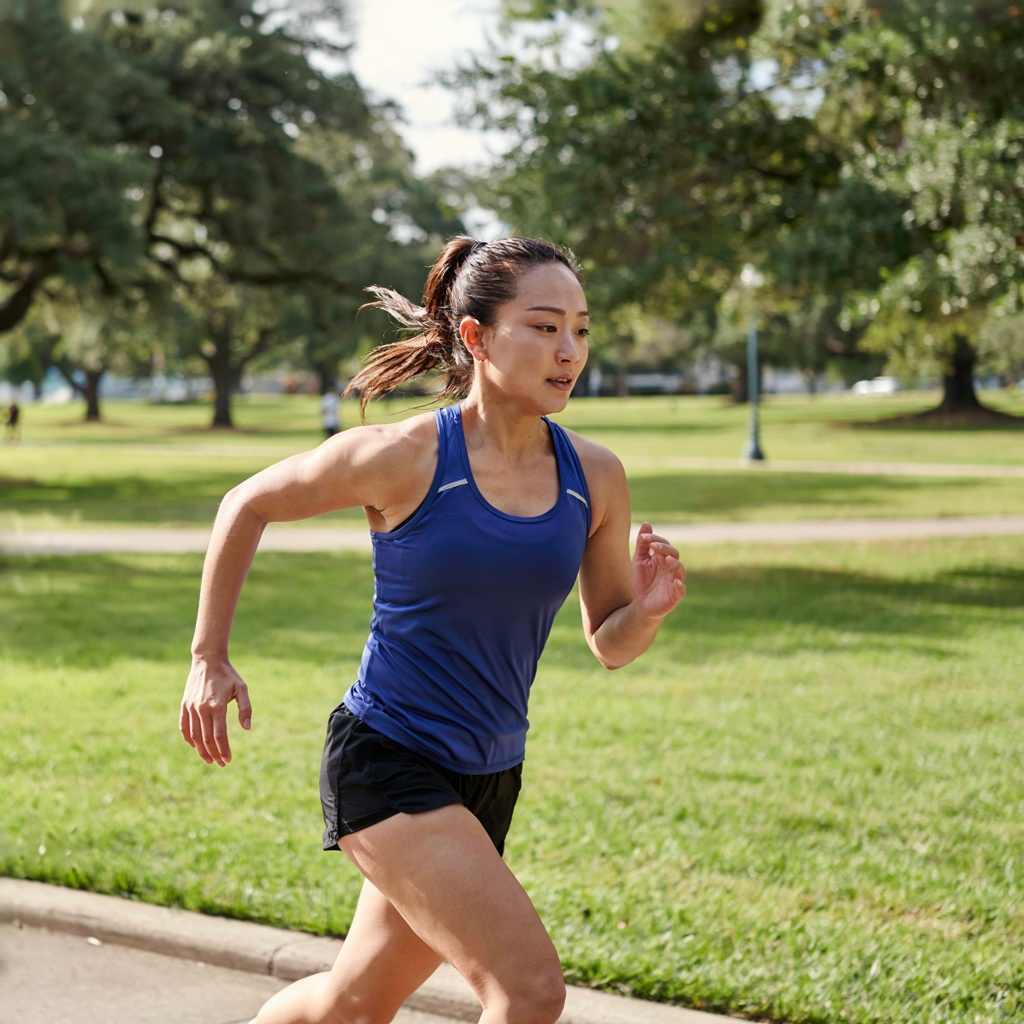 A woman mid-stride running through a park, hair and clothes 
