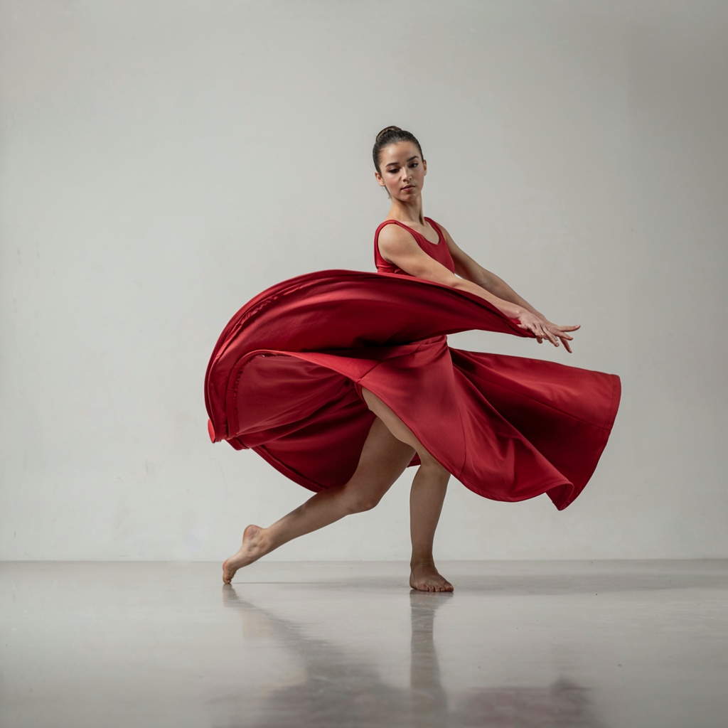 A dancer in a dynamic spin, dress flowing outward with one l