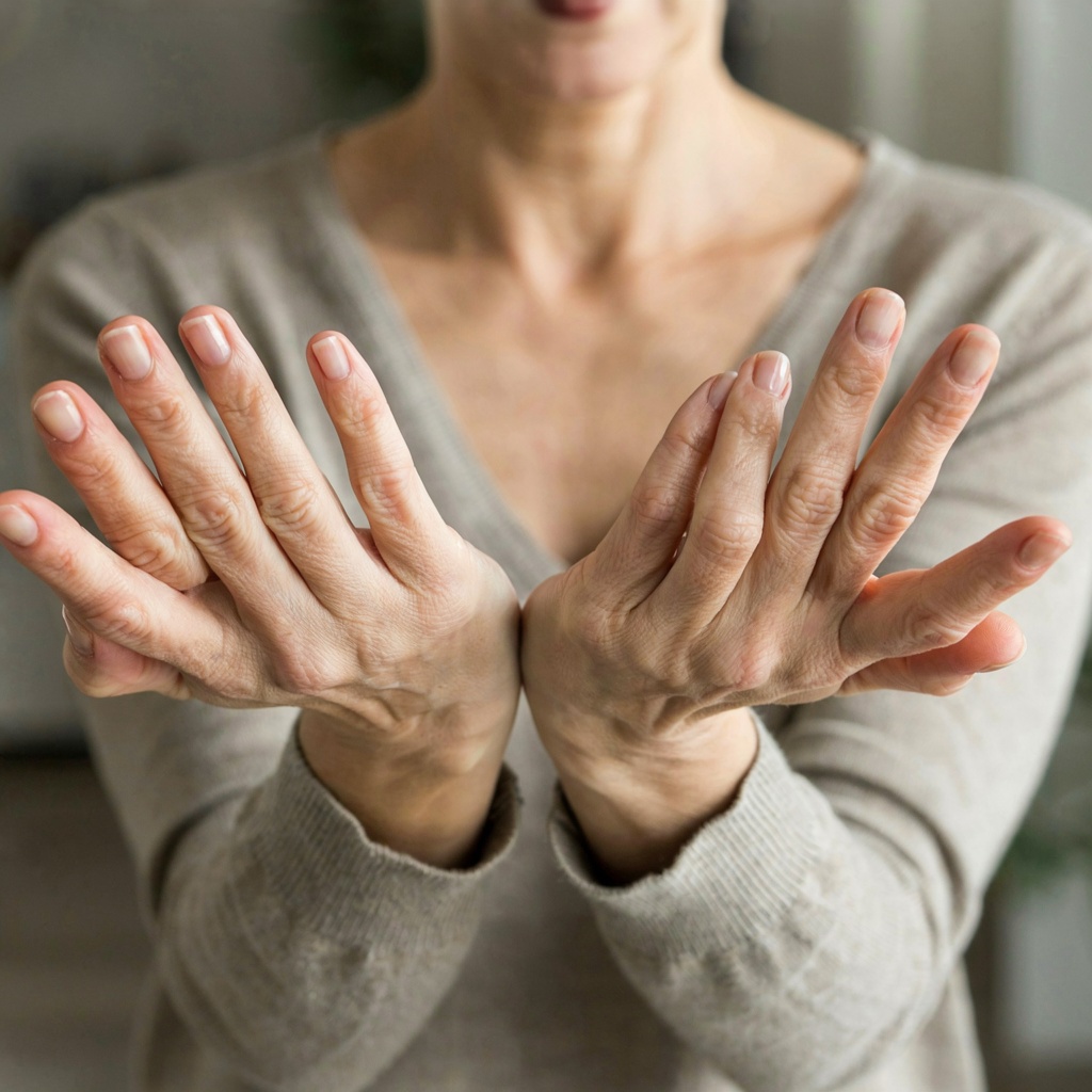 A woman holding her hands out in front of her palms-up, all 