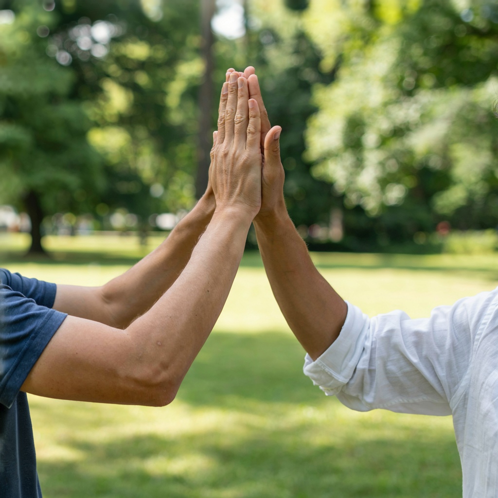 Two people doing a high-five, palms meeting with all fingers