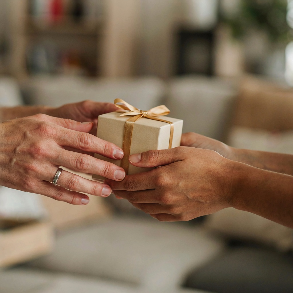 One person handing a small gift box to another person, both 