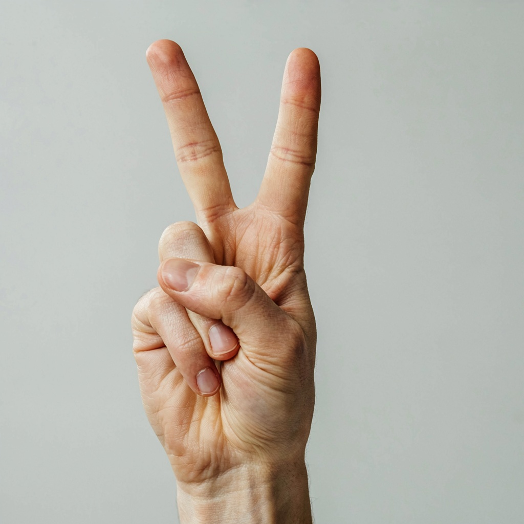 A person making a peace sign with their right hand, clearly 
