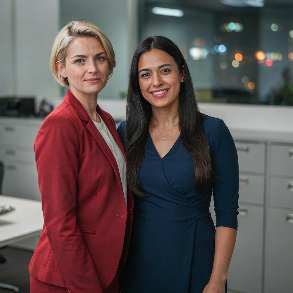 Two women standing side by side: one with short blonde hair 