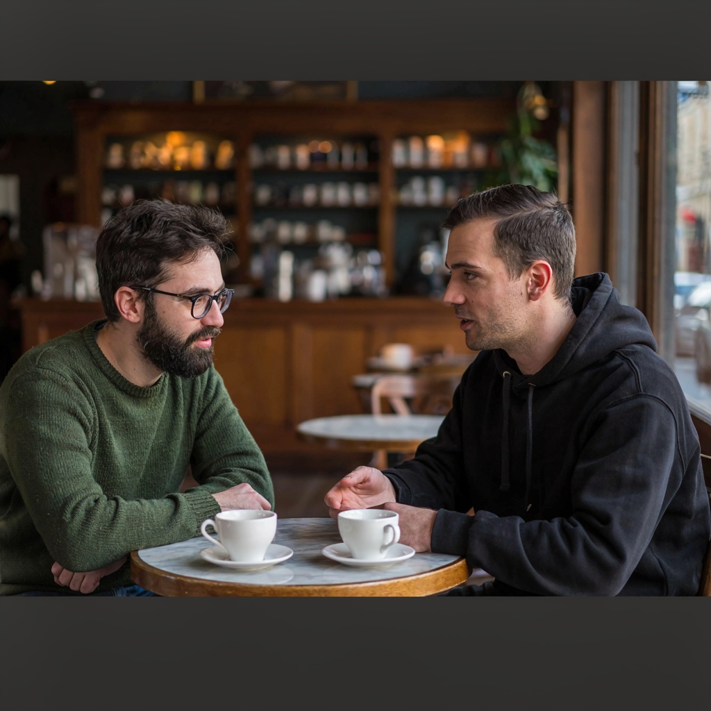 Two men at a cafe: one with a beard and glasses wearing a gr