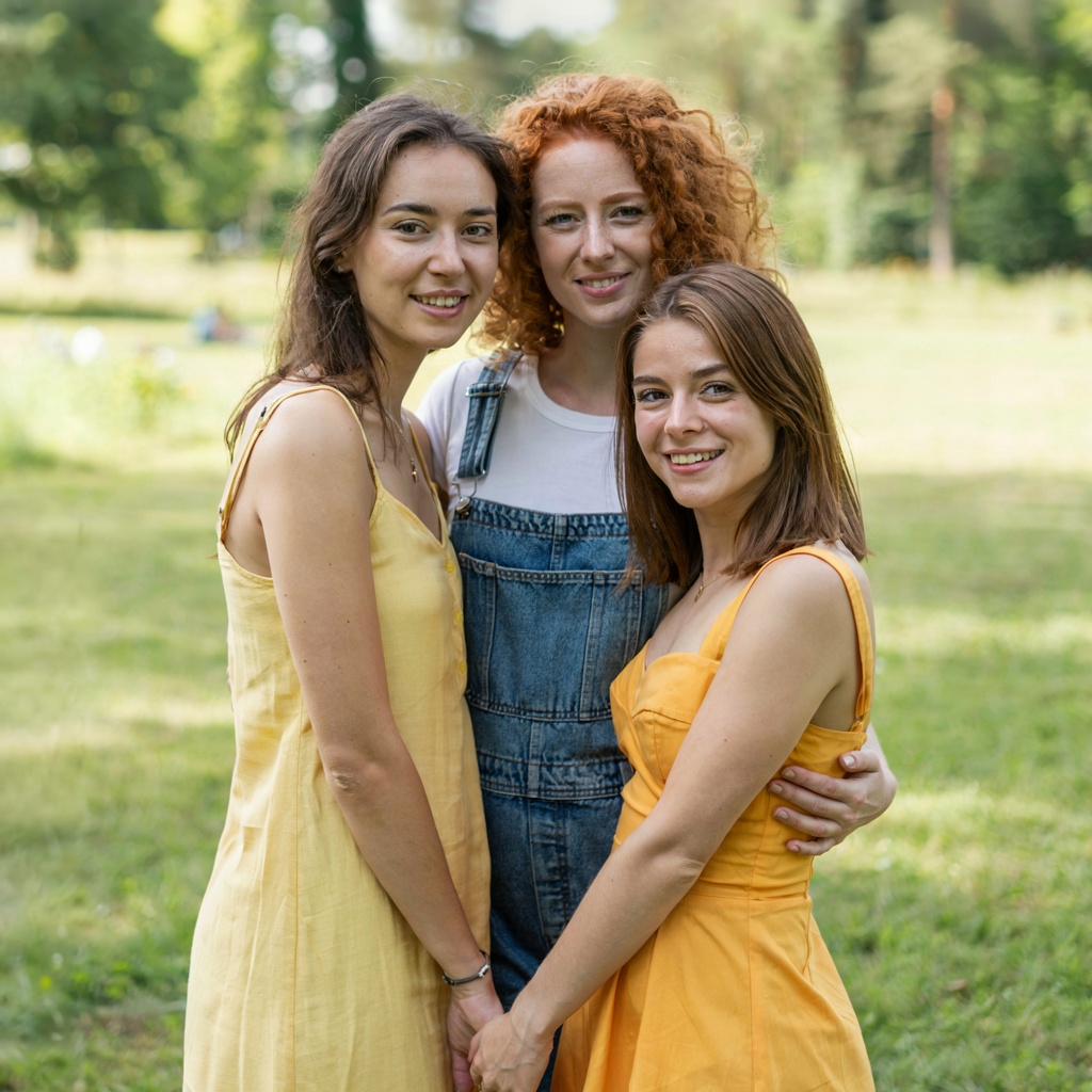 Two friends posing: one tall with curly red hair in denim ov