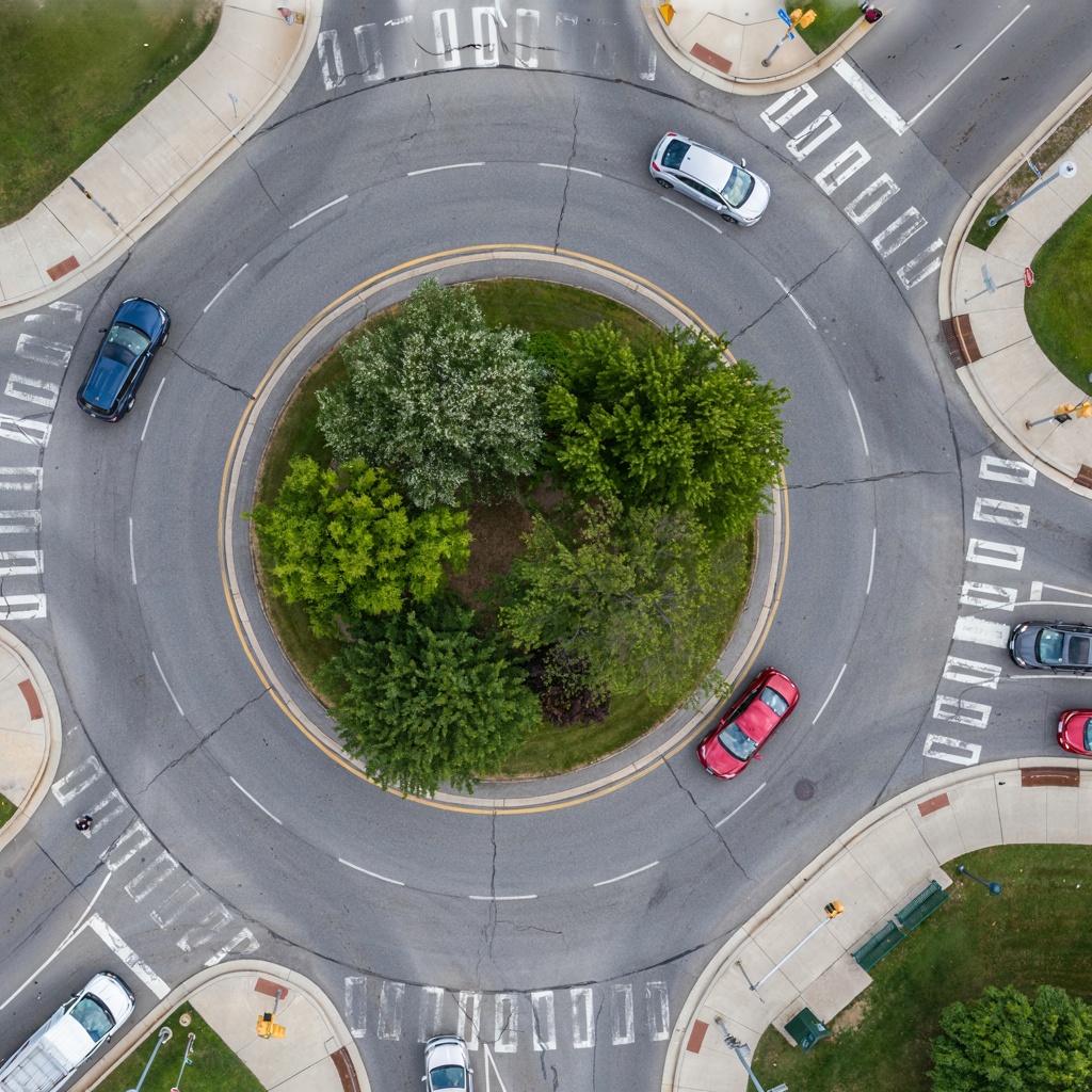 An aerial bird's-eye view looking straight down at a traffic