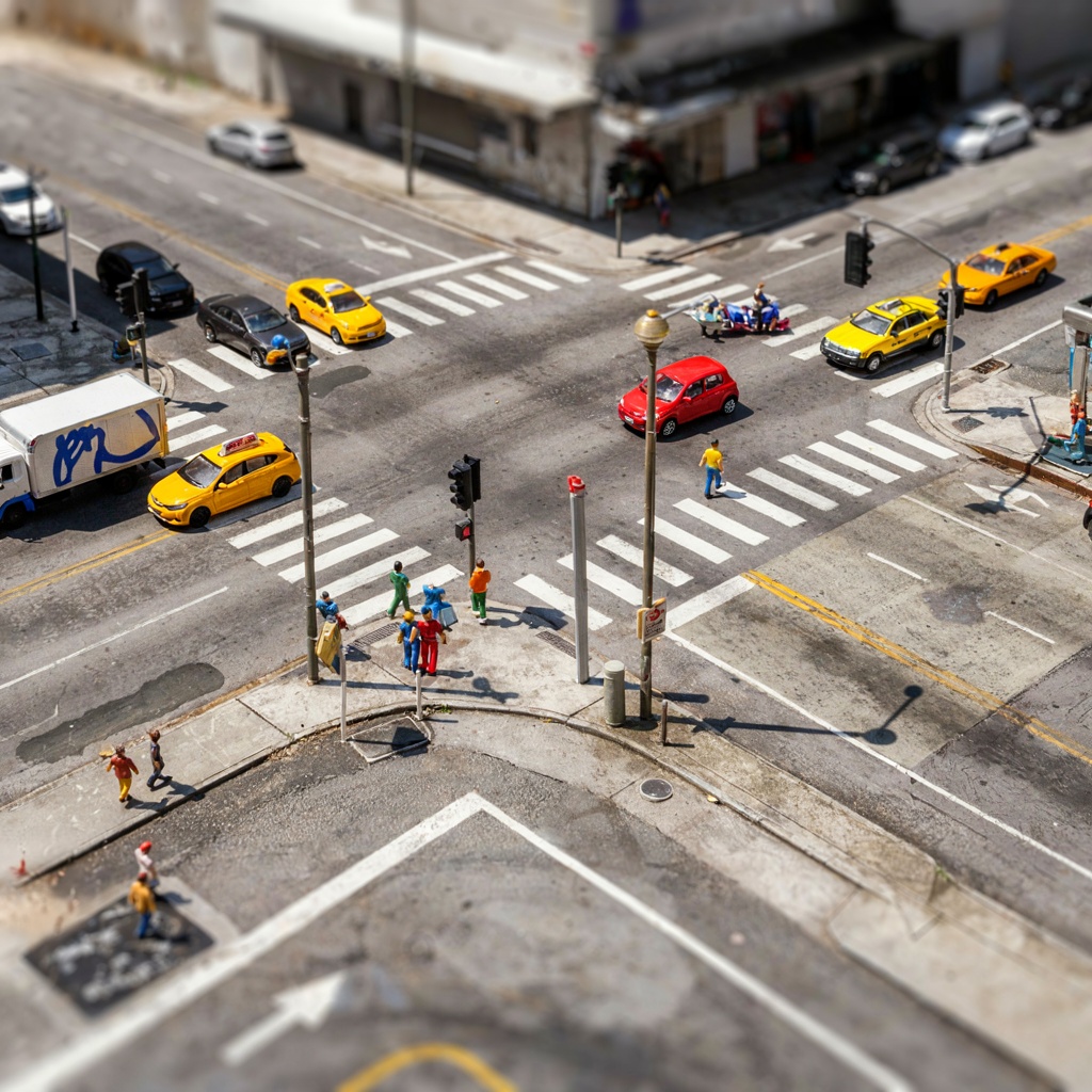 A tilt-shift photograph of a city street making real-life lo