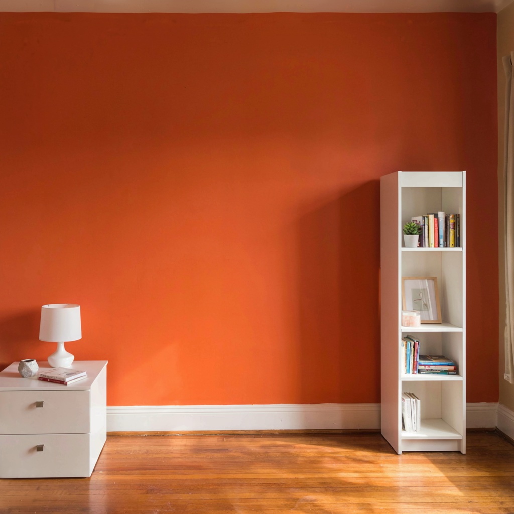 A bedroom wall painted in #FF6B35 (burnt orange) with white 