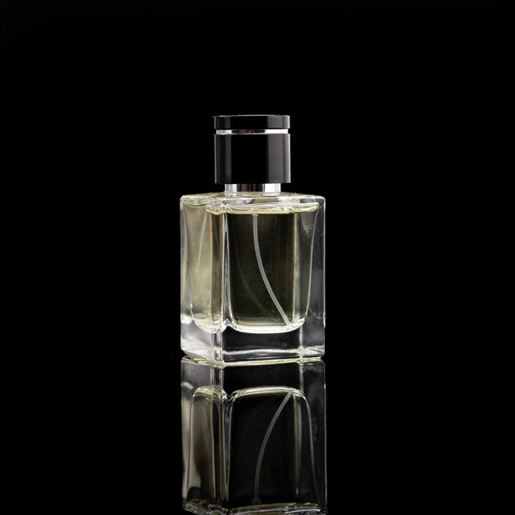 A clear glass perfume bottle on a reflective black surface w