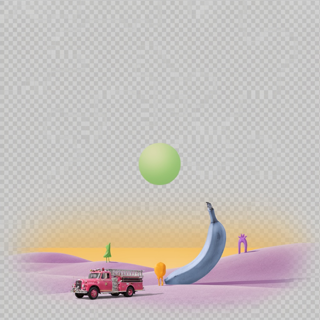 A pink fire truck, a blue banana, and a green sun in a surre